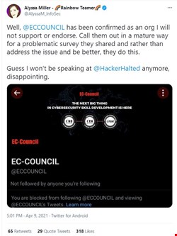 Figure 2: EC-Council begin to block people who call them out on the offensive survey question