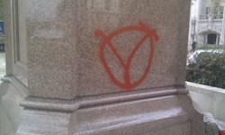 Suspected Anonymous vandalism on Parliament Square from this November's #OpNov5 protests, done in the name of hacktivism (Photo credit: John Walker)