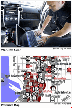 WarDrive in action (top), with resulting available network map (bottom)