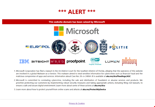 Takedown banner when a user tries to access to domains linked to StealC and Amadey infostealers. Source: Microsoft