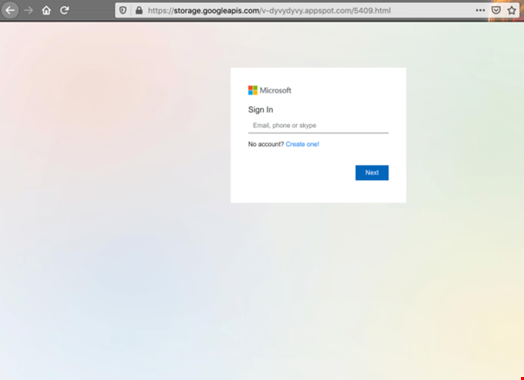 Figure 3: Fake Microsoft 365 login page served from Google Sites