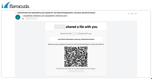 An email with a QR code made of a 49x49 matrix of ‘full block’ (█). To make it look like convincing QR code. Source: Barracuda