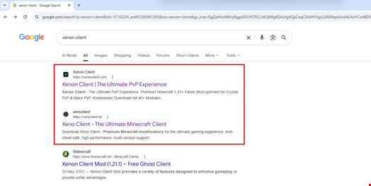 Google search results for ‘Xenon Client,’ a website impersonating a Minecraft client that leads to the delivery of the WeedHack malware. Source: McAfee