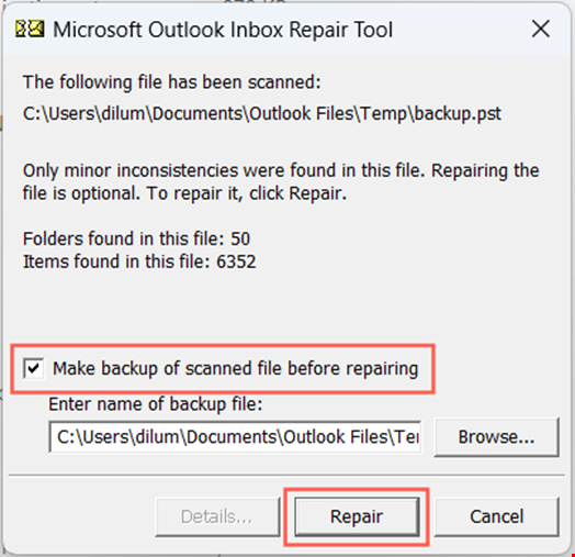 Create a backup of the original file before starting the Repair process