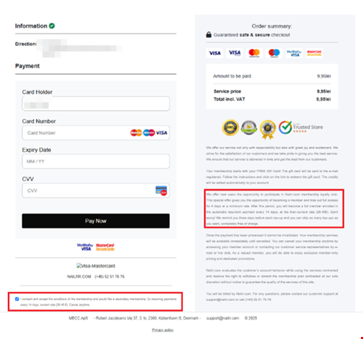 Example payment page from a mystery box scam, including recurring payment clause. Source: Bitdefender