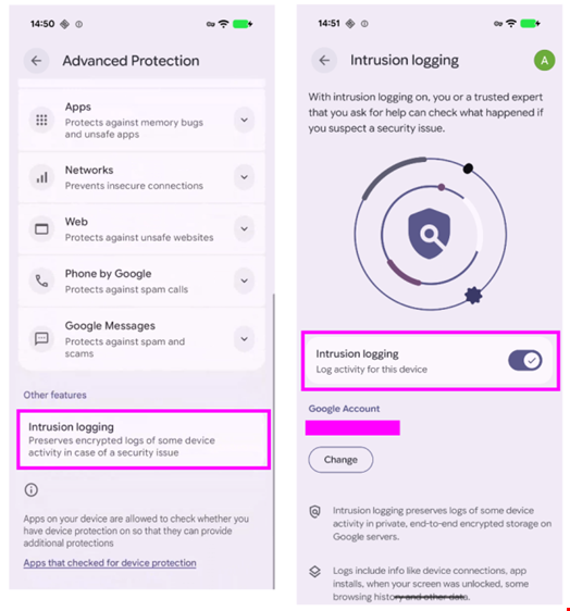 On Google Pixel devices, the Intrusion Logging feature can be found under the Menu: Settings > Security & privacy > Advanced Protection > Device protection. Source: Amnesty International