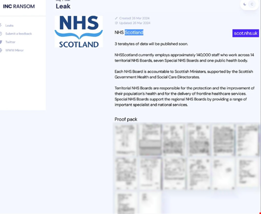 Inc Ransom threat to release NHS Scotland data. Source: UK Defence Journal