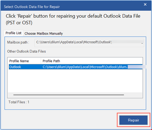 Once the file is selected, click on repair to initiate the repair process