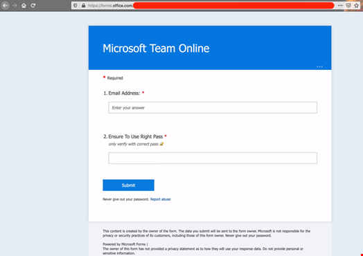 Figure 1: Fake Microsoft Teams login page served from Microsoft Forms
