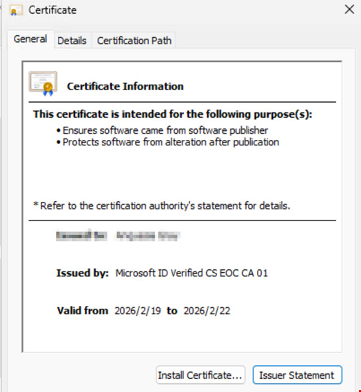 Fox Tempest provided certificate. Source: Microsoft