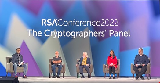 (From left to right) Zulfikar Ramzan (Aura Labs), Adi Shamir (The Weizmann Institute), Whitfield Diffie (Cryptomathic), Dawn Song (UC Berkeley) and Moni Naor (Weizmann Institute of Science)