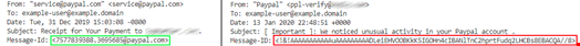 Example of email headers: original Paypal on the left, fake on the right