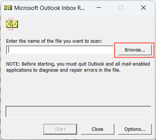 Click on Browse to select the corrupt PST file