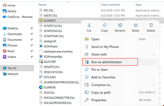 Right-click on the ScanPST and run as administrator to repair the corrupt PST file