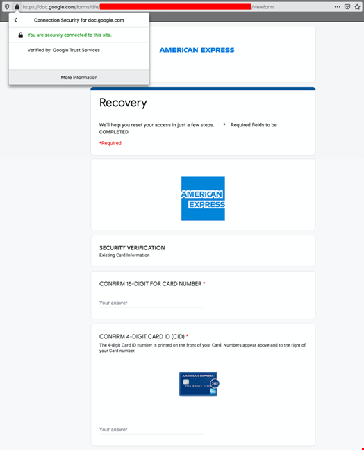 Figure 2: Fake American Express login page served from Google Forms