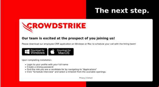 Impersonated malicious phishing site containing download links for fake “CRM application.” Source: CrowdStrike.