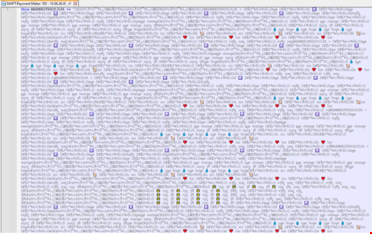 The JScript dropper opened in a text editor, showing Unicode emoji characters saturating the code body. Source: KnowBe4