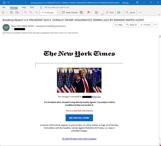 Phishing email claims to be from the NYT with a story about an assassination attempt against President-elect Donald Trump. Source: ESET