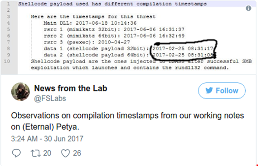 Tweet from F-Secure with the timestamps that are the basis for the theory that NotPetya started development before the EternalBlue leak.