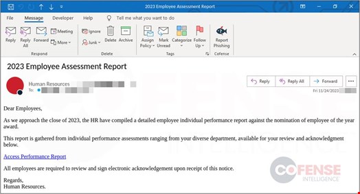 Real phishing email using employee assessment as a lure. Source: Cofense