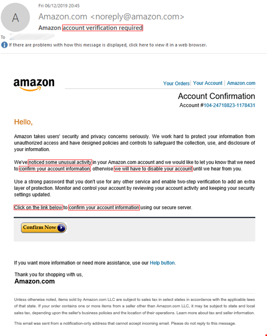 Examples of phishing emails with typical phrases highlighted