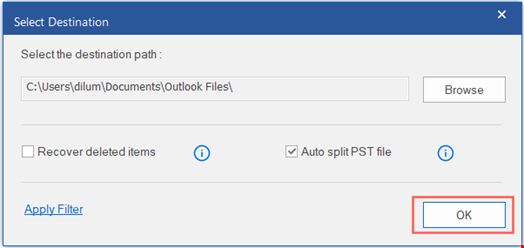 Select the Destination to save the repaired file in your local system, use the other filters to save the repaired file