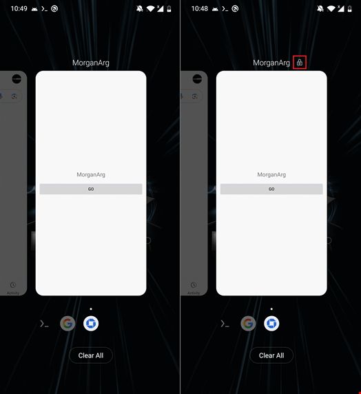 Not locked (left) and locked (right) MorganArg app in the list of recent apps, with the padlock icon representing the lock. Source: ESET