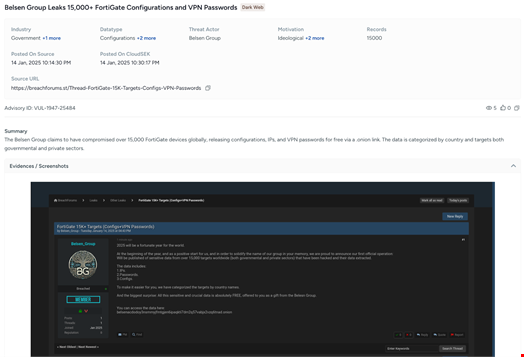 Screenshot of CloudSEK’s contextual AI digital risk platform XVigil showing Belsen Group's dark web post. Source: CloudSEK