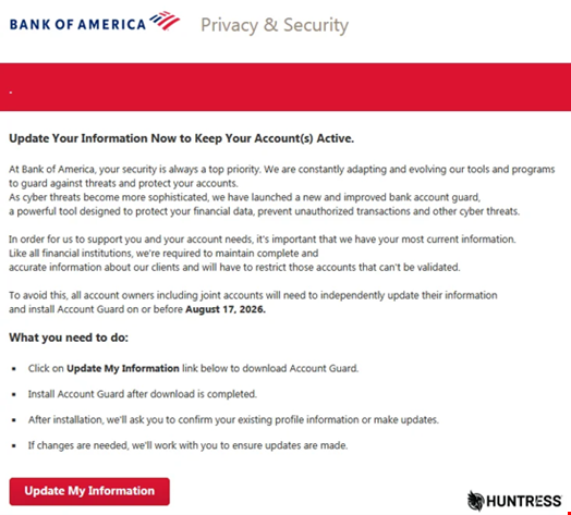 Prompt to download and install "Account Guard" via an "Update My Information" button. Source: Huntress