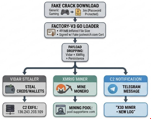 Execution chain of X3D Miner/Vidar Stealer via Factory-v3. Source: Unit 42, Palo Alto Networks