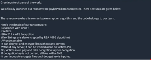 CyberVolk ransomware announcement. Source: SentinelLabs