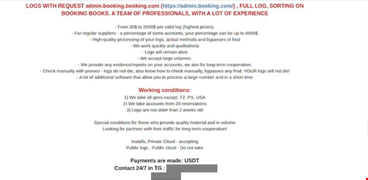 Offer to buy admin.booking.com credentials under specific terms on a cybercrime forum. Source Secureworks