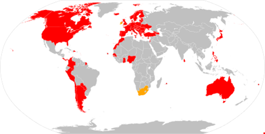 Countries that have ratified the Budapest Convention (in red) and countries that have signed but not ratified it (in orange). Source: Wikipedia