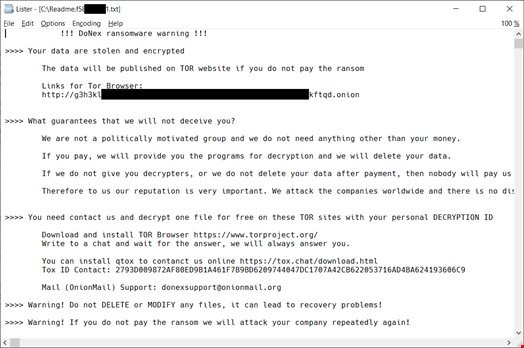 Screenshot of the DoNex ransom note. Source: Avast